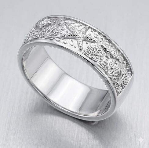 925 Sterling Silver Ocean Sea Life Band Ring, Starfish Coral Reef Engraved Wide Statement Ring for Women Men, Beach Nautical Ring in Saudi Arabia