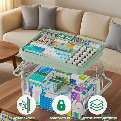 NZYNZY 15QT Clear Medicine Organizer Storage Box with Handle Medicine Container with Tray, Thickened Plastic Empty First Aid Box, Multipurpose Medical Medication Caddy Container Chest in Kuwait