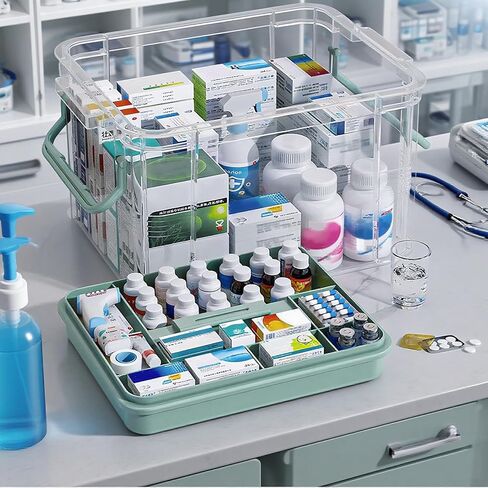 NZYNZY 15QT Clear Medicine Organizer Storage Box with Handle Medicine Container with Tray, Thickened Plastic Empty First Aid Box, Multipurpose Medical Medication Caddy Container Chest in Kuwait