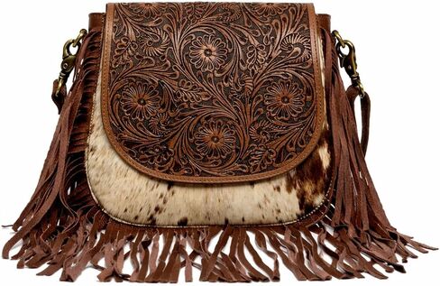 American Bison Brown Western Crossbody Bag – Saddle-Inspired Purse with Hair-On-Hide, Fringe & Filigree Flap in Saudi Arabia