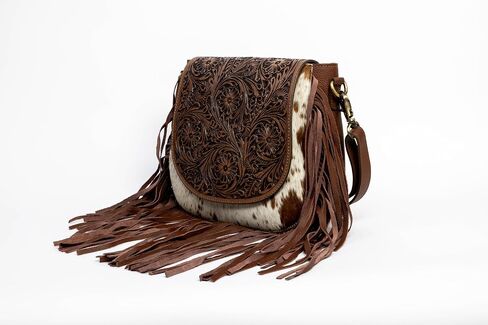 American Bison Brown Western Crossbody Bag – Saddle-Inspired Purse with Hair-On-Hide, Fringe & Filigree Flap in Saudi Arabia