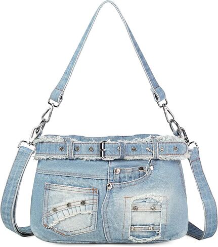 Fashion Crossbody Bag Denim Purse with Rhinestones Y2K Jean Handbag for Women | Washed Denim in Saudi Arabia