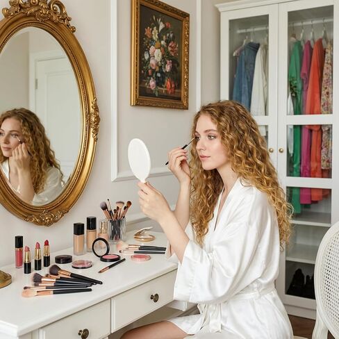 Round Hand Held Mirror with Handle, White Handheld Makeup Mirror | 4.7 Inch Compact Hand Mirror for Women, Travel Size for Bathroom Bedroom Salon in Saudi Arabia