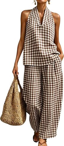 QIBABU Womens Summer Gingham 2 Piece Set Halter Neck Sleeveless Top Pant Sets Casual Cotton Lounge Outfits with Pockets in Kuwait