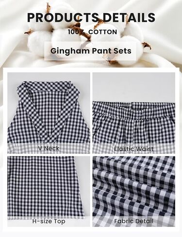 QIBABU Womens Summer Gingham 2 Piece Set Halter Neck Sleeveless Top Pant Sets Casual Cotton Lounge Outfits with Pockets in Saudi Arabia