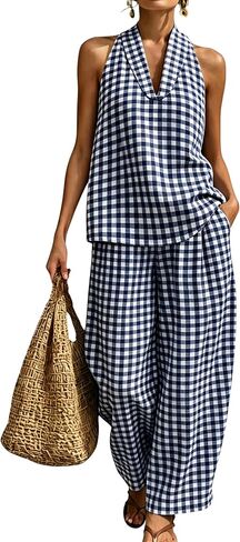 QIBABU Womens Summer Gingham 2 Piece Set Halter Neck Sleeveless Top Pant Sets Casual Cotton Lounge Outfits with Pockets in Saudi Arabia