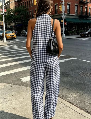 QIBABU Womens Summer Gingham 2 Piece Set Halter Neck Sleeveless Top Pant Sets Casual Cotton Lounge Outfits with Pockets in Saudi Arabia