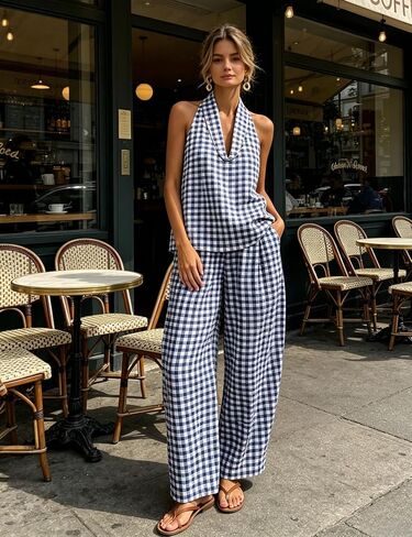 QIBABU Womens Summer Gingham 2 Piece Set Halter Neck Sleeveless Top Pant Sets Casual Cotton Lounge Outfits with Pockets in Saudi Arabia
