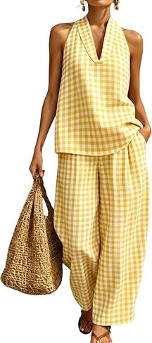 QIBABU Womens Summer Gingham 2 Piece Set Halter Neck Sleeveless Top Pant Sets Casual Cotton Lounge Outfits with Pockets in Saudi Arabia