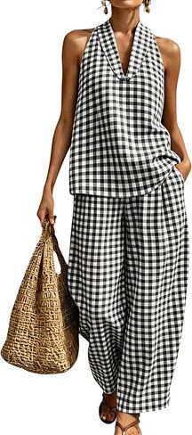 QIBABU Womens Summer Gingham 2 Piece Set Halter Neck Sleeveless Top Pant Sets Casual Cotton Lounge Outfits with Pockets in Saudi Arabia