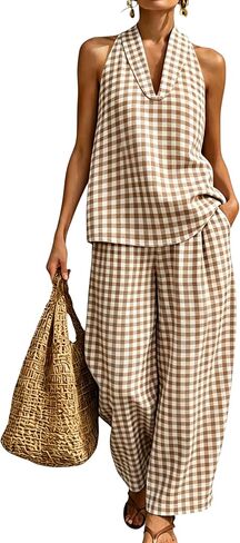 QIBABU Womens Summer Gingham 2 Piece Set Halter Neck Sleeveless Top Pant Sets Casual Cotton Lounge Outfits with Pockets in Saudi Arabia