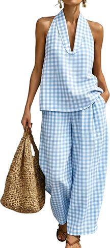 QIBABU Womens Summer Gingham 2 Piece Set Halter Neck Sleeveless Top Pant Sets Casual Cotton Lounge Outfits with Pockets in Saudi Arabia