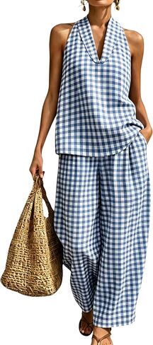 QIBABU Womens Summer Gingham 2 Piece Set Halter Neck Sleeveless Top Pant Sets Casual Cotton Lounge Outfits with Pockets in Saudi Arabia