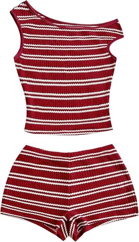 SOLY HUX Women's 2 Piece Striped Off The Shoulder Crop Tops and Mini Shorts Set Summer Y2K Going Out Outfits in Saudi Arabia
