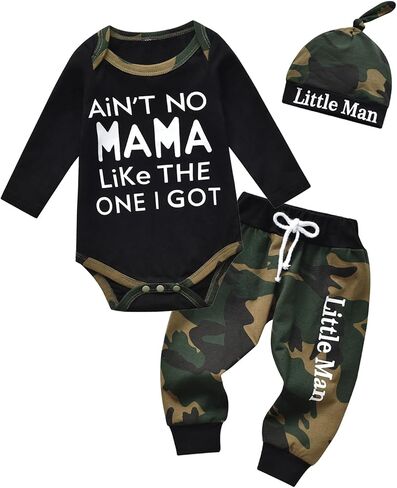 Newborn Baby Boy Clothes Long Sleeves Letter Print Romper Camouflage Long Pants Hat 3Pcs Outfits Set in Saudi Arabia