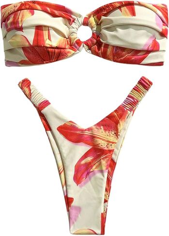 SHENHE Women's Floral Bandeau Bikini Set O Ring Strapless High Cut Cheeky Swimsuits 2 Piece in Kuwait