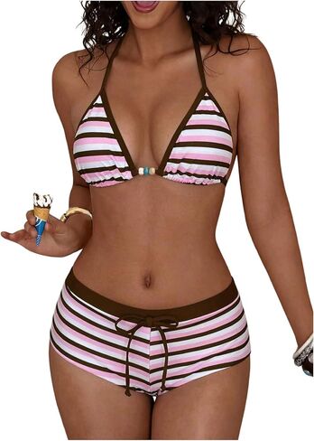 WDIRARA Women's Striped 2 Piece Swimsuit Triangle Halter Bikini Set with Boyshort in Kuwait