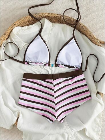 WDIRARA Women's Striped 2 Piece Swimsuit Triangle Halter Bikini Set with Boyshort in Kuwait