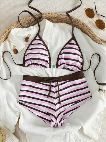 WDIRARA Women's Striped 2 Piece Swimsuit Triangle Halter Bikini Set with Boyshort in Kuwait