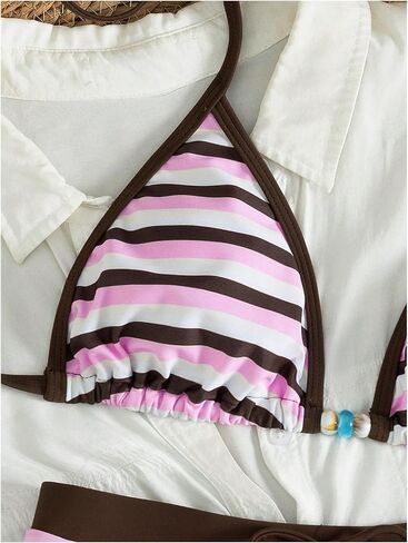 WDIRARA Women's Striped 2 Piece Swimsuit Triangle Halter Bikini Set with Boyshort in Kuwait
