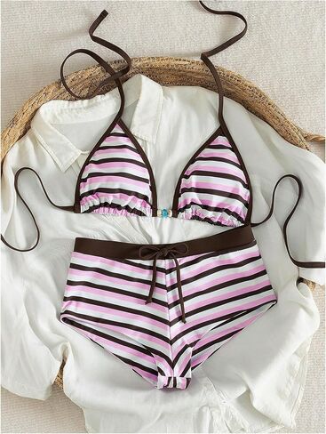 WDIRARA Women's Striped 2 Piece Swimsuit Triangle Halter Bikini Set with Boyshort in Kuwait