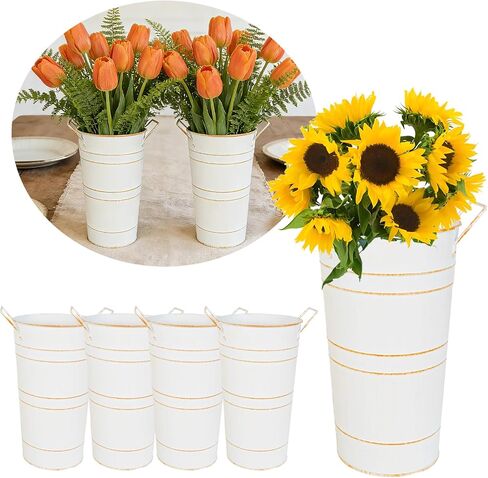 10" Tall Flower Buckets Metal Vase - Pack of 2 Rustic Farmhouse Centerpiece Vases for Table with Handles, Wedding Home Table Decor, Farmhouse White Flower Bar Bucket Holder in Saudi Arabia