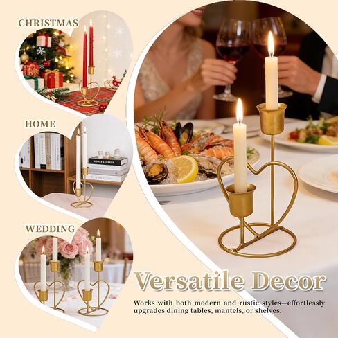 2Pcs Valentine Double Love Candle Holder, Wedding Candle Holder, Heart Shaped Candlestick for Table, Party, Home, Wedding, Birthday (Gold) in Saudi Arabia