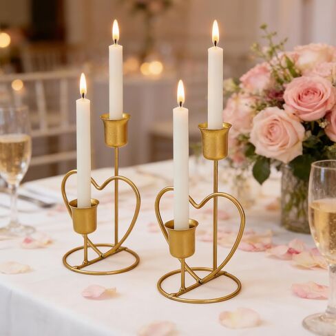 2Pcs Valentine Double Love Candle Holder, Wedding Candle Holder, Heart Shaped Candlestick for Table, Party, Home, Wedding, Birthday (Gold) in Saudi Arabia