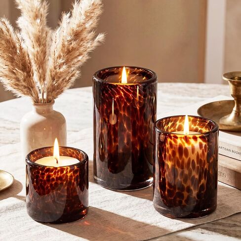 Potchen Set of 3 Tortoise Shell Glass Candle Holder Vase Set 3/4/5" Tealight Pillar Candle Holder Leopard Print Tortoiseshell Cheetah Animal Print for Table Decoration Centerpieces Home Dining Party in Kuwait