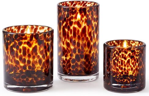 Potchen Set of 3 Tortoise Shell Glass Candle Holder Vase Set 3/4/5" Tealight Pillar Candle Holder Leopard Print Tortoiseshell Cheetah Animal Print for Table Decoration Centerpieces Home Dining Party in Kuwait