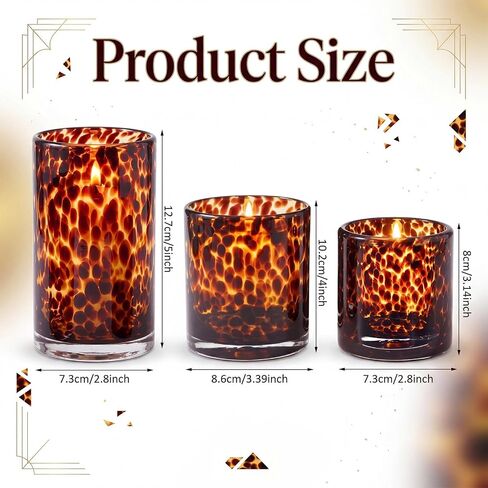 Potchen Set of 3 Tortoise Shell Glass Candle Holder Vase Set 3/4/5" Tealight Pillar Candle Holder Leopard Print Tortoiseshell Cheetah Animal Print for Table Decoration Centerpieces Home Dining Party in Kuwait