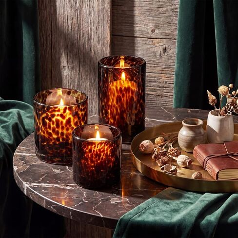 Potchen Set of 3 Tortoise Shell Glass Candle Holder Vase Set 3/4/5" Tealight Pillar Candle Holder Leopard Print Tortoiseshell Cheetah Animal Print for Table Decoration Centerpieces Home Dining Party in Kuwait