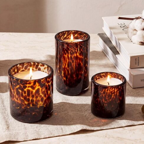Potchen Set of 3 Tortoise Shell Glass Candle Holder Vase Set 3/4/5" Tealight Pillar Candle Holder Leopard Print Tortoiseshell Cheetah Animal Print for Table Decoration Centerpieces Home Dining Party in Kuwait