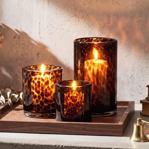 Potchen Set of 3 Tortoise Shell Glass Candle Holder Vase Set 3/4/5" Tealight Pillar Candle Holder Leopard Print Tortoiseshell Cheetah Animal Print for Table Decoration Centerpieces Home Dining Party in Kuwait