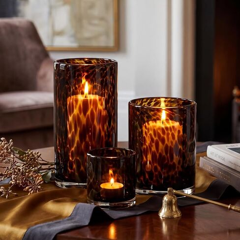 Potchen Set of 3 Tortoise Shell Glass Candle Holder Vase Set 3/4/5" Tealight Pillar Candle Holder Leopard Print Tortoiseshell Cheetah Animal Print for Table Decoration Centerpieces Home Dining Party in Kuwait