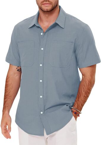 Men's Casual Summer Button Down Linen Shirts Short Sleeve Cotton Beach Tops with Pocket in Kuwait