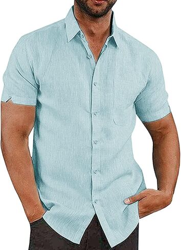 Men's Casual Summer Button Down Linen Shirts Short Sleeve Cotton Beach Tops with Pocket in Saudi Arabia