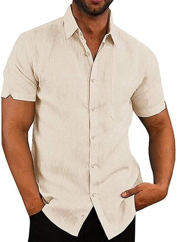 Men's Casual Summer Button Down Linen Shirts Short Sleeve Cotton Beach Tops with Pocket in Kuwait