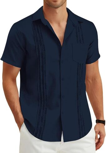 Men's Casual Summer Button Down Linen Shirts Short Sleeve Cotton Beach Tops with Pocket in Kuwait