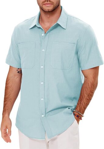 Men's Casual Summer Button Down Linen Shirts Short Sleeve Cotton Beach Tops with Pocket in Kuwait