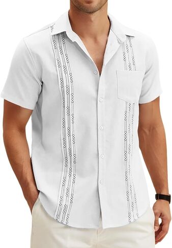 Men's Casual Summer Button Down Linen Shirts Short Sleeve Cotton Beach Tops with Pocket in Kuwait