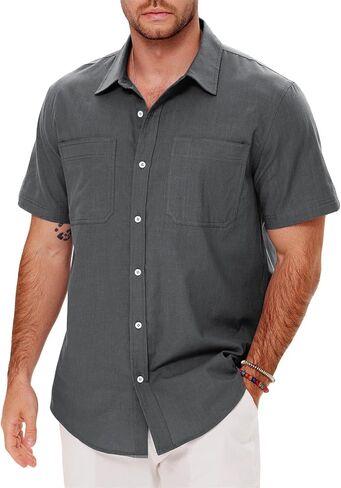 Men's Casual Summer Button Down Linen Shirts Short Sleeve Cotton Beach Tops with Pocket in Kuwait