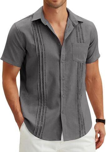 Men's Casual Summer Button Down Linen Shirts Short Sleeve Cotton Beach Tops with Pocket in Kuwait