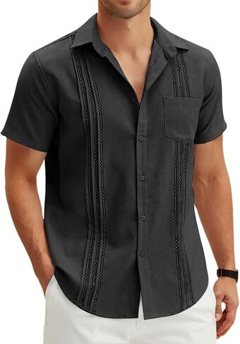 Men's Casual Summer Button Down Linen Shirts Short Sleeve Cotton Beach Tops with Pocket in Kuwait