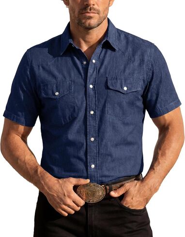 Kallspin Mens Western Pearl Snap Denim Shirt Short Sleeve Lightweight Linen Blend Button Down Summer Cowboy Casual Resort Top in Saudi Arabia