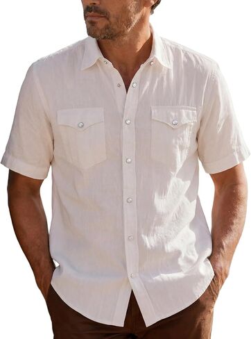 Kallspin Mens Western Pearl Snap Denim Shirt Short Sleeve Lightweight Linen Blend Button Down Summer Cowboy Casual Resort Top in Saudi Arabia