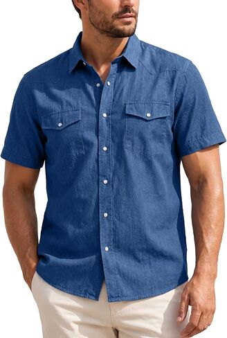 Kallspin Mens Western Pearl Snap Denim Shirt Short Sleeve Lightweight Linen Blend Button Down Summer Cowboy Casual Resort Top in Saudi Arabia