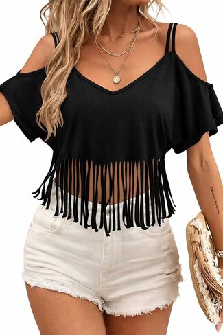 LilyCoco V Neck Cold Shoulder Tops for Women Western Cowgirl Fringe Crop T Shirts in Saudi Arabia
