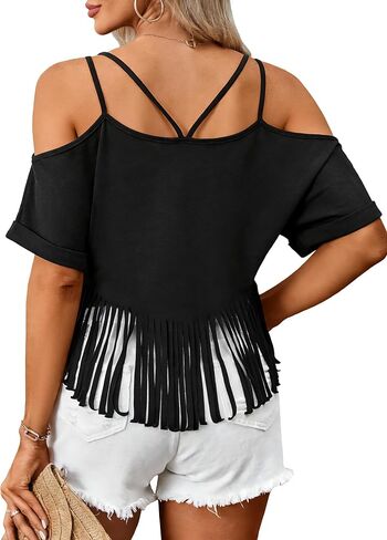 LilyCoco V Neck Cold Shoulder Tops for Women Western Cowgirl Fringe Crop T Shirts in Saudi Arabia