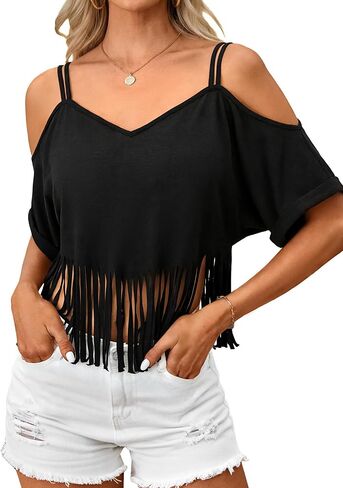 LilyCoco V Neck Cold Shoulder Tops for Women Western Cowgirl Fringe Crop T Shirts in Saudi Arabia